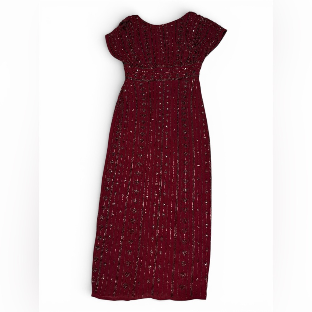 NWT Mac Duggal *SAMPLE* Deep Red Beaded Cap Sleeve Empire Waist Midi Dress